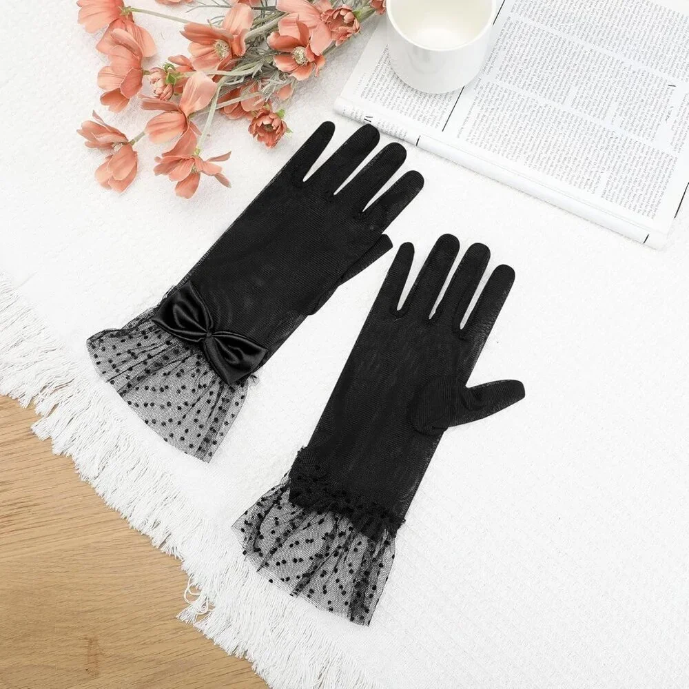 Women's Short Black Lace Bow  Polka Dots Gloves Mesh Wedding Tea Party Prom